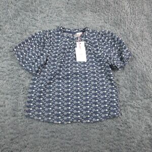 VOY Shirt Womens Small Blue Floral Embroidered Blouse Puff Sleeve Boho NWT